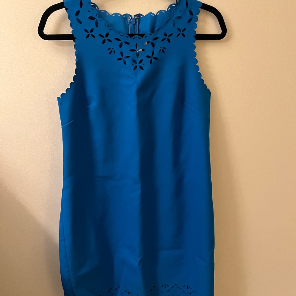 Blue J Crew Sleeveless Dress with Laser Cutouts and Scalloped Edges